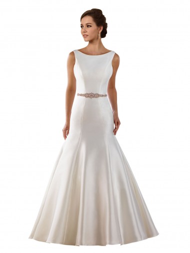 Modern Boat Neck Mermaid Satin Wedding Dress with Deep V-Back Glasgow