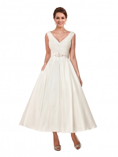 V-Neck A-Line Short Ankle Length Satin Wedding Dress Glasgow