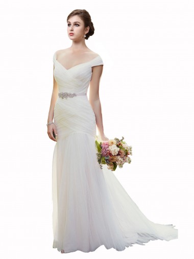 Cap Sleeves Off the Shoulder Ruched Mermaid Tulle Beach Wedding Dress Glasgow