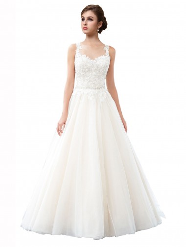 Illusion Neck A-Line Tulle Beach Wedding Dress with Lace Bodice Glasgow
