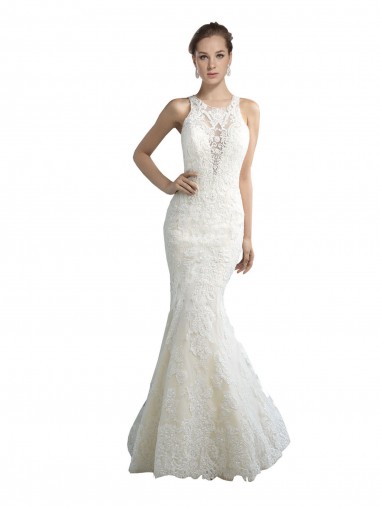 Deep Illusion Neck Mermaid Tulle Beach Wedding Dress with All Over Lace Glasgow