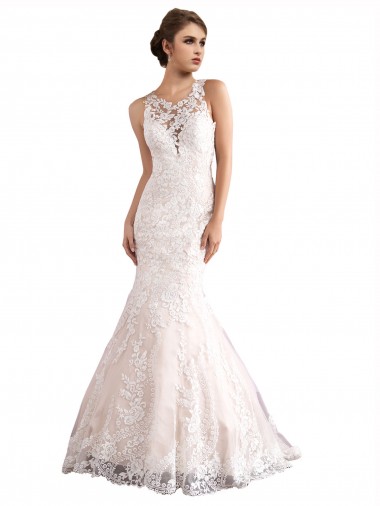 Illusion Neck Fit and Flare Tulle Wedding Dress with All Over Lace Glasgow