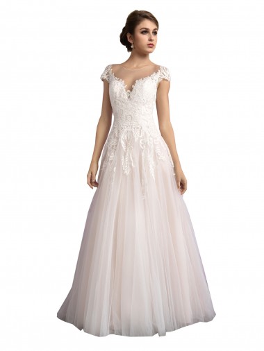 Illusion Cap Sleeves A-Line Tulle Beach Wedding Dress with Lace Bodice Glasgow