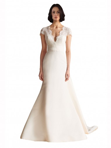 V-Neck Lace Bodice A-Line Satin Wedding Dress with Keyhole Back Glasgow