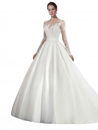 Long Sleeves Illusion Neck A-Line Satin Wedding Dress with Lace Bodice Glasgow