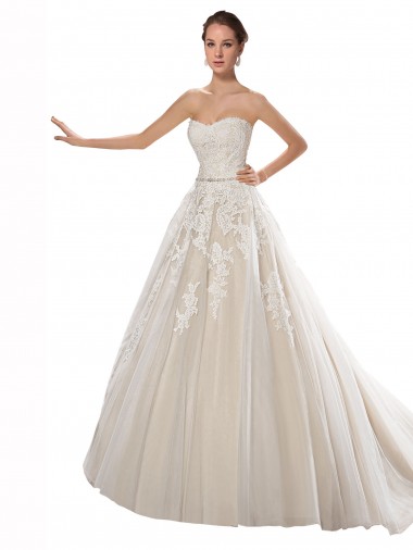 Strapless Ball Gown Tulle Wedding Dress with Lace Cascades Glasgow