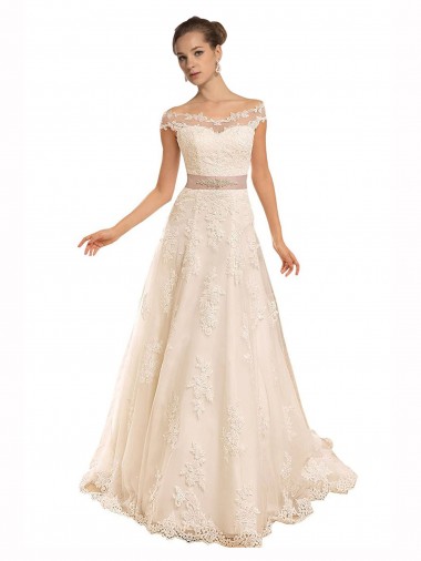 Off the Shoulder Illusion Back A-Line Lace Beach Wedding Dress Glasgow