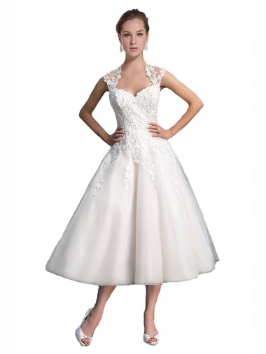 A-Line Short Tea Length Sweetheart Tulle Lace Beach Wedding Dress Glasgow