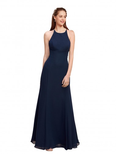 High Halter Fit and Flare Long Chiffon Bridesmaid Dress / Prom Dress with Criss Cross Low Back Glasgow