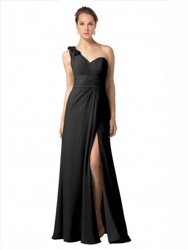 Sheer One Shoulder Chiffon A-Line Bridesmaid Dress with Slit Glasgow