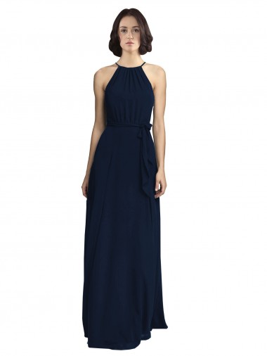 High Neckline Floor Length Chiffon Bridesmaid Dress with Belt Glasgow