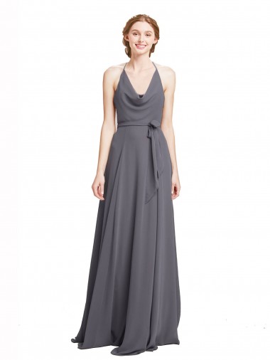 Spaghetti Strap Long Chiffon Bridesmaids Dress with Halter Cowl Neck Glasgow