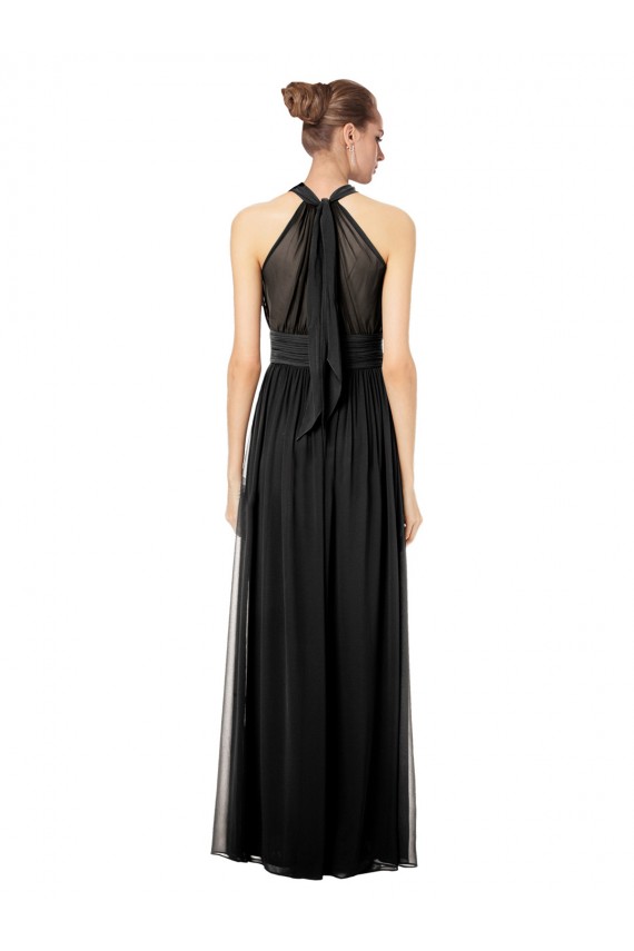 Ruched Long Chiffon Halter Bridesmaid Dress with Tie Back and Tails
