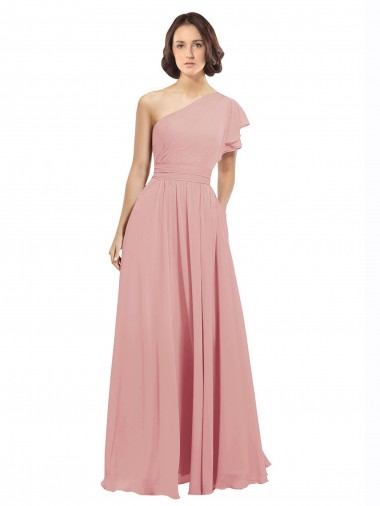 Chiffon Bridesmaids Dress with One Shoulder Flounced Sleeve Glasgow