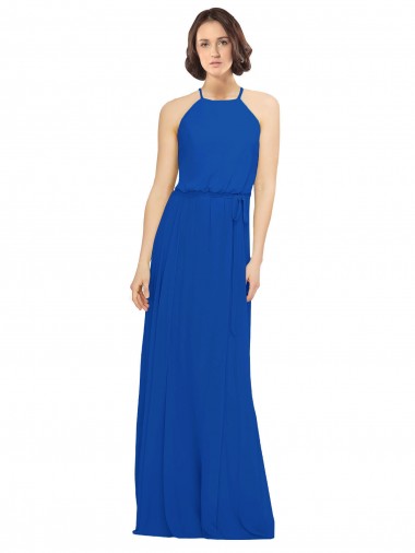 Long Jewel Neckline Chiffon Bridesmaids Dress wit Chiffon Tie Sash Glasgow
