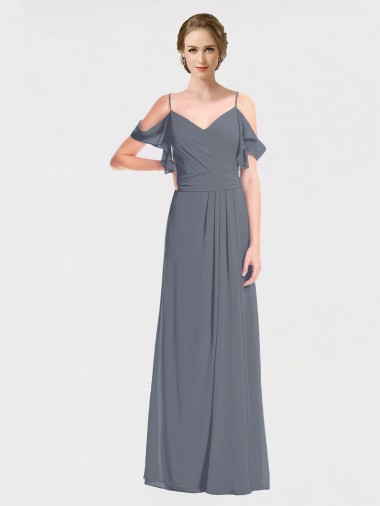 Long Chiffon Spaghetti Strap V-Neck Bridesmaid Dress with Off-The-Shoulder Flutter Sleeves Glasgow