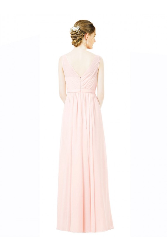 Long Chiffon Sleeveless Bridesmaid Dress with Sheer Illusion Top and V-Back