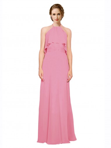 Ruffle Halter Neck A-Line Chiffon Bridesmaid Dress with Open Back Glasgow