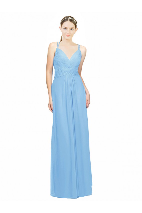 Double Straps Shoulder V-Neck Sheath Chiffon Bridesmaid Dress with Keyhole Back