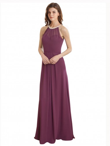 High Neckline Long Chiffon Bridesmaid Dress with Beaded Trim Glasgow