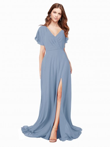 Chiffon Bridesmaid Dress / Prom Dress with Flutter Sleeves and Front Slit Glasgow