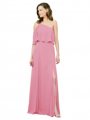 Sleeved One Shoulder Chiffon Bridesmaids Dress with Draped Ruffle Overlay Glasgow