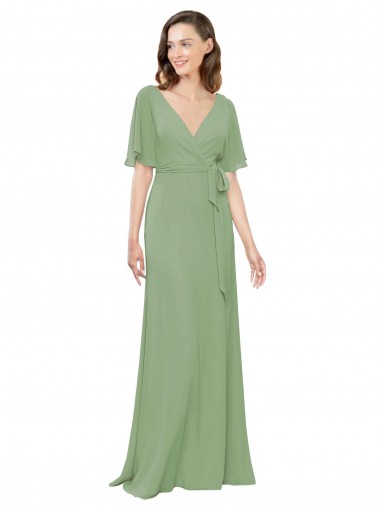 Chiffon V-Neckline Wrap Bridesmaids Dress With Double Flutter Sleeve Glasgow
