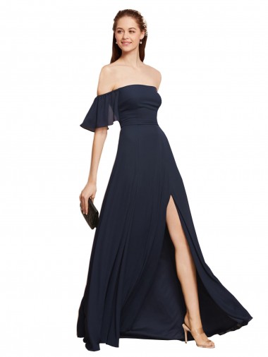 Off the Shoulder Floaty Sleeves Chiffon Bridesmaid Dress / Prom Dress with High Slit Glasgow