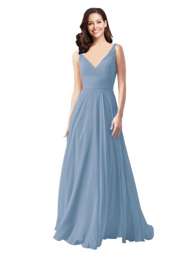 Long Chiffon V-Neck and Self Sash Bridesmaid Dress with Shirred Criss Cross Bodice Glasgow