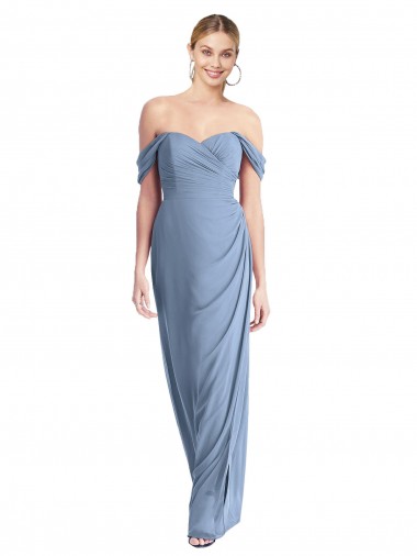 Full Length Draped Off the Shoulder Maxi Bridesmaid Dress with Shirred Streamer Glasgow