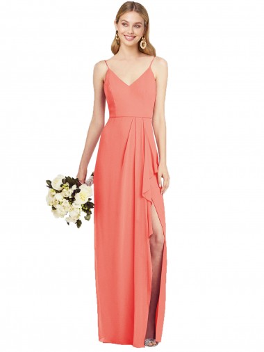 Spaghetti Strap Draped Skirt Chiffon Bridesmaid Dress with Front Slit Glasgow