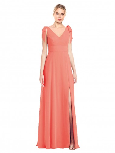 Full Length Bow-Shoulder V-Back Chiffon Bridesmaid Dress with Front Slit Glasgow