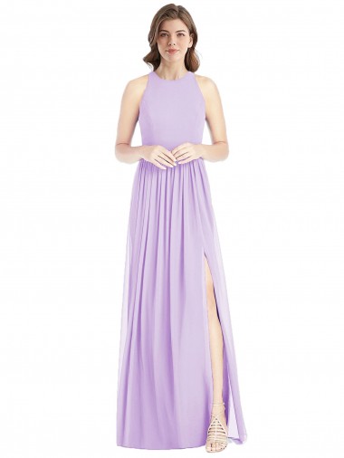 Shirred Skirt Jewel Neck Halter Chiffon Bridesmaid Dress with Front Slit Glasgow
