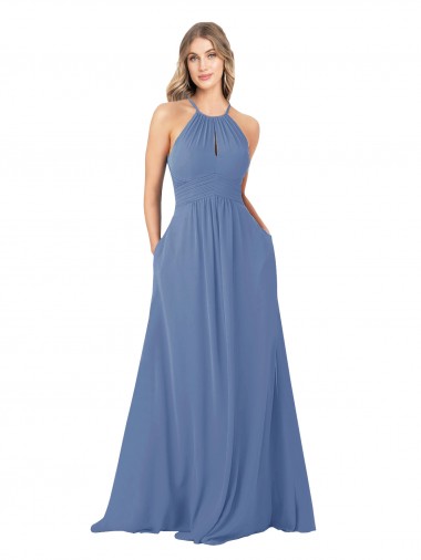 Draped High Neck Keyhole Back Bridesmaid Dress with Front Slit Glasgow