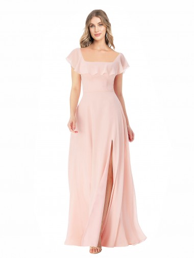 Flutter Cap Sleeves Square Neck Ruffle Chiffon Bridesmaid Dress Glasgow