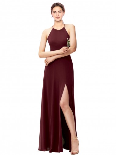 Slim Long High Halter Neck Chiffon Bridesmaid Dress with High Side Slit Glasgow