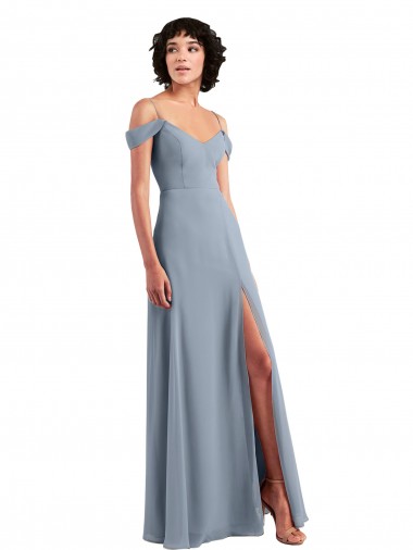 Off the Shoulder Folded Sleeve Long Chiffon Bridesmaid Dress with High Side Slit Glasgow