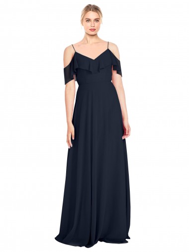 Draped Sleeves Flounce Neckline Long Chiffon Bridesmaid Dress with Spaghetti Straps Glasgow