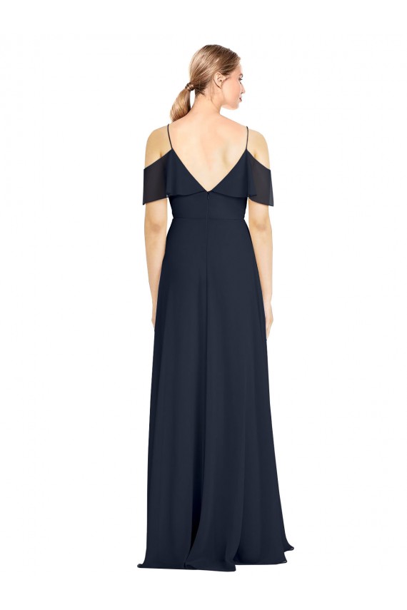 Draped Sleeves Flounce Neckline Long Chiffon Bridesmaid Dress with Spaghetti Straps