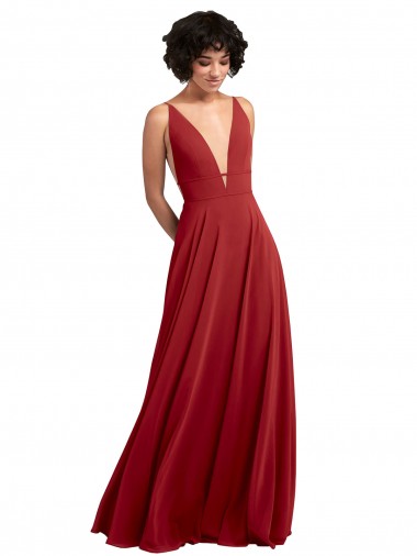 Fitted Plunging Deep V-Neck Long Chiffon Bridesmaid Dress with V-Back Glasgow