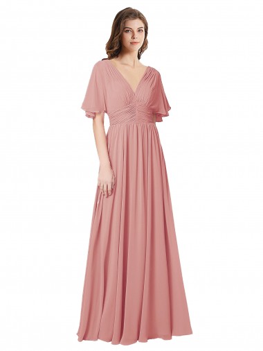 Flutter Sleeves Plunging V-Neck Boho Chiffon Bridesmaid Dress Glasgow