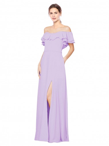 Ruffled Off the Shoulder Long Chiffon Bridesmaid Dress with Slit Glasgow