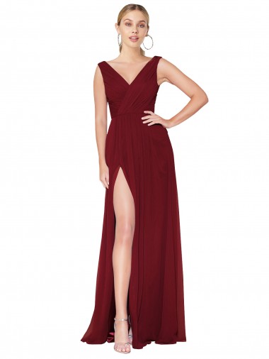 Draped Mermaid Long V-Neck Chiffon Bridesmaid Dress / Formal Prom Dress with High Slit Glasgow