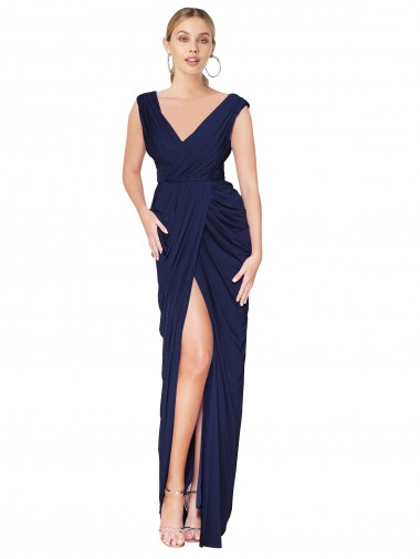 Draped V-Neck Long Chiffon Bridesmaid Dress / Formal Prom Dress with Front Slit Glasgow