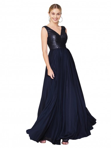 High Neck V-Neck Long Chiffon Bridesmaid Dress / Prom Dress with Sequin Top Glasgow