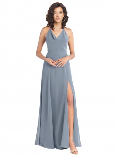 Slim A-Line Cowl Neck Long Chiffon Bridesmaid Dress with Side High Slit Glasgow