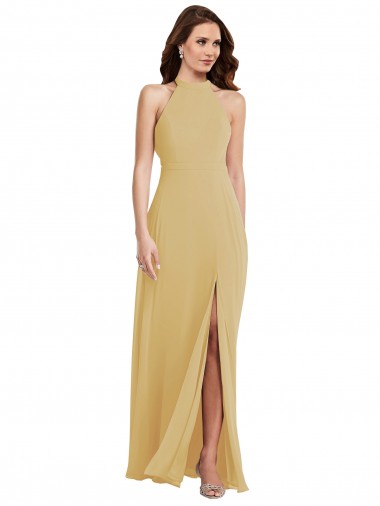 Stand Collar Halter Maxi Bridesmaid Dress with Criss Cross Open Back Glasgow