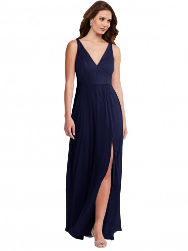 Deep V-Neck Chiffon Maxi Bridesmaid Dress with Front Slit Glasgow