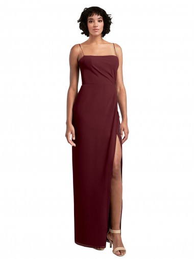 Sleek Straight Neckline Chiffon Bridesmaid Dress with Spaghetti Straps and High Side Slit Glasgow