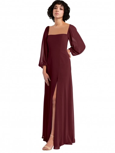 Sheer Long Sleeves Chiffon Bridesmaid Dress with High Slit Glasgow